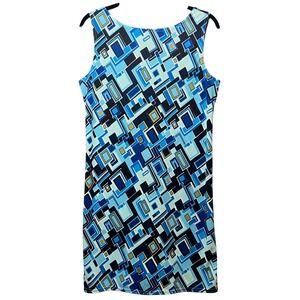 G.A.S. Vintage Sleeveless Dress Geometric Blue Mod Print Large Polyester 90s Y2K